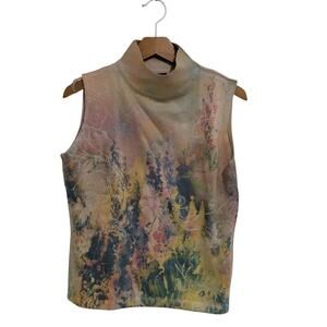 Women's Sleeveless Mock-Neck Knit Top Artsy Watercolor Floral Print Boho Garden